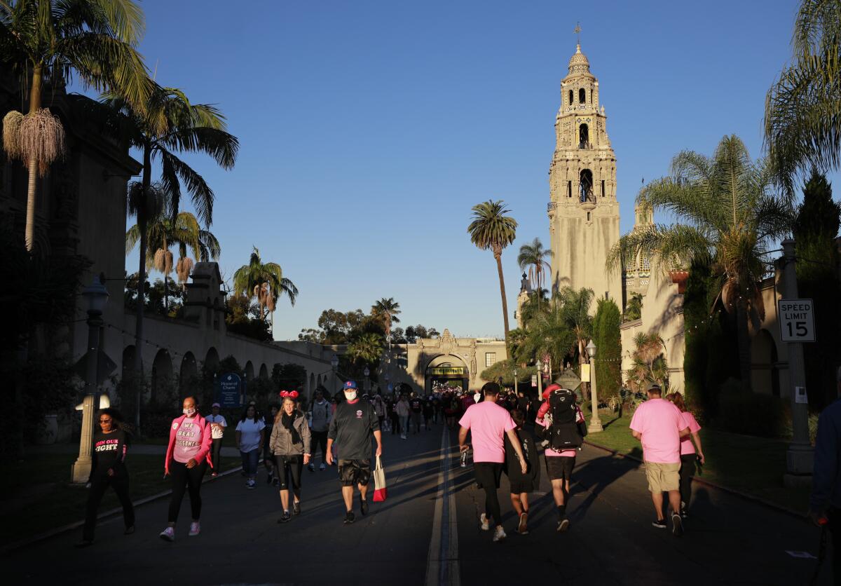People walk through Balboa Park for the American Cancer Society Making Strides Against Breast Cancer walk on Sunday.