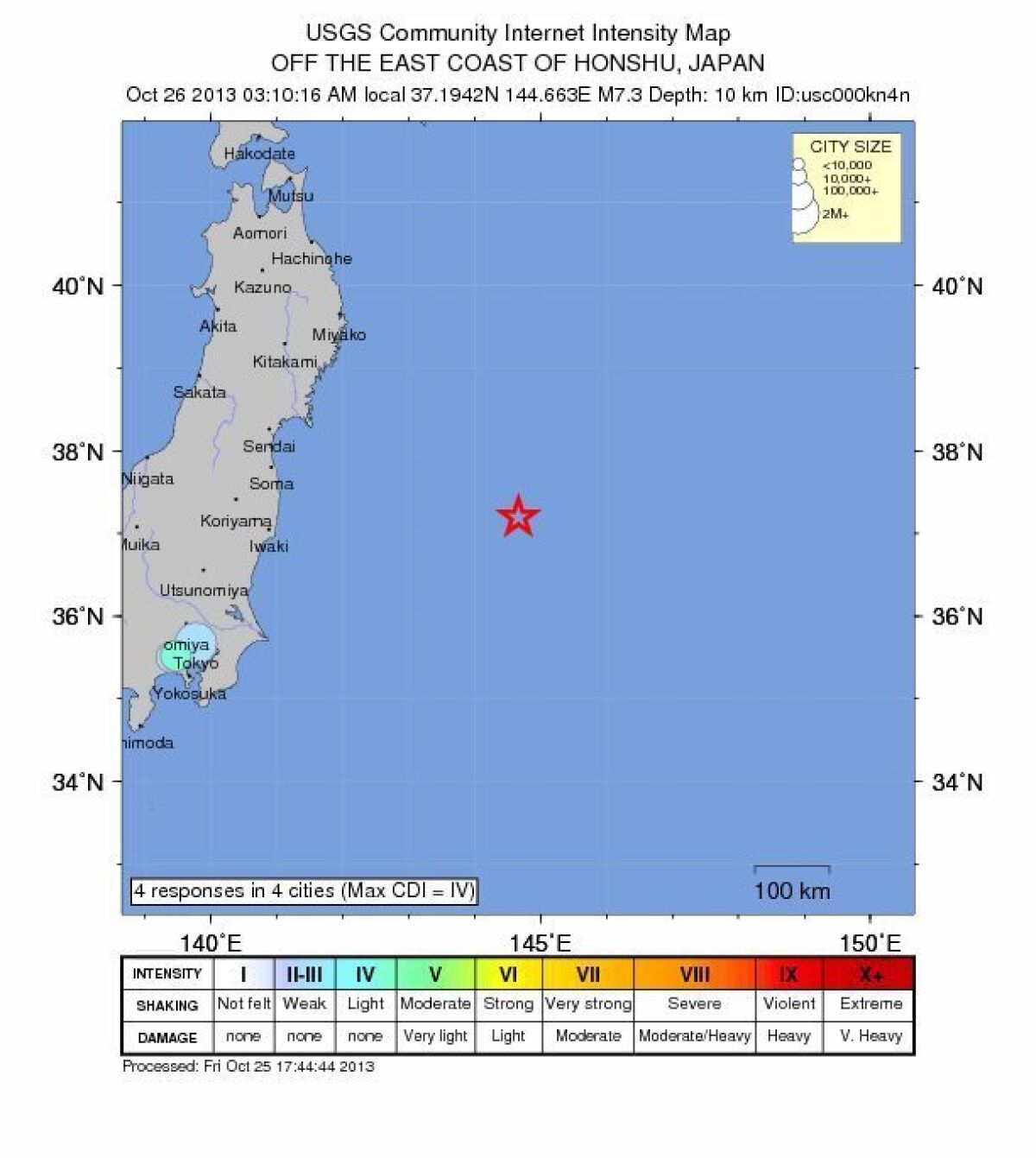 A handout image made available by the U.S. Geological Survey (USGS) on Friday shows a shake map of a magnitude 7.3 earthquake that struck off the eastern coast of Japan.