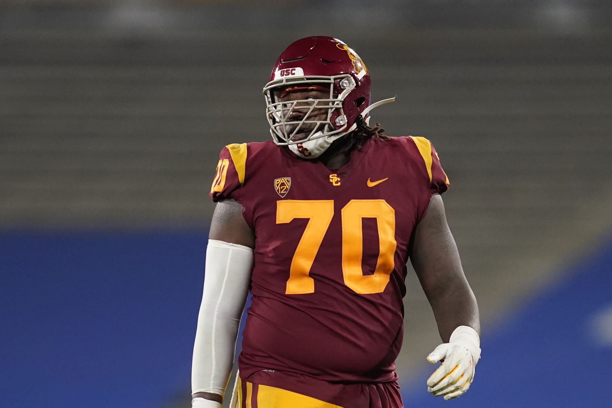 Southern California offensive lineman Jalen McKenzie (70) stands on the field during the second half.