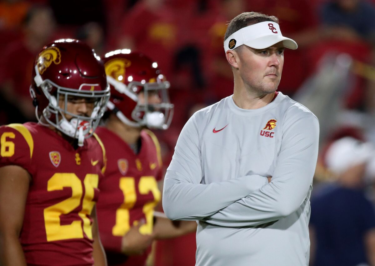 USC coach Lincoln Riley watches his players warm up before a game against Arizona State in October.