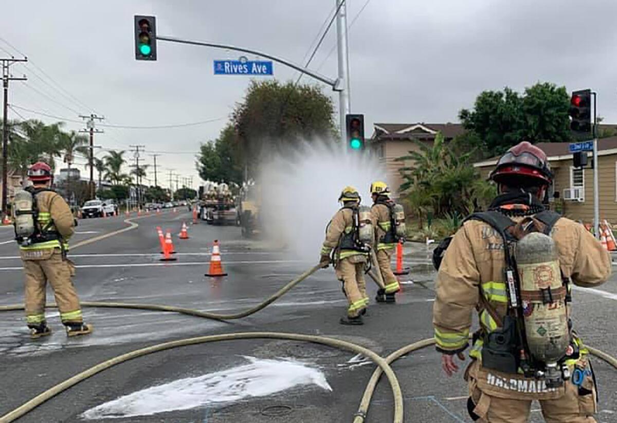 Firefighters respond to a natural gas leak in Downey.