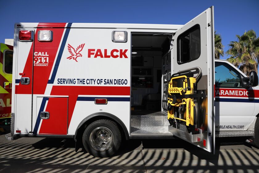 SAN DIEGO, CA - OCTOBER 13: Falck will take over ambulance service in San Diego on November 27. Here, a new ambulance is shown at their new Kearney Mesa facility on Wednesday, Oct. 13, 2021. (K.C. Alfred / The San Diego Union-Tribune)