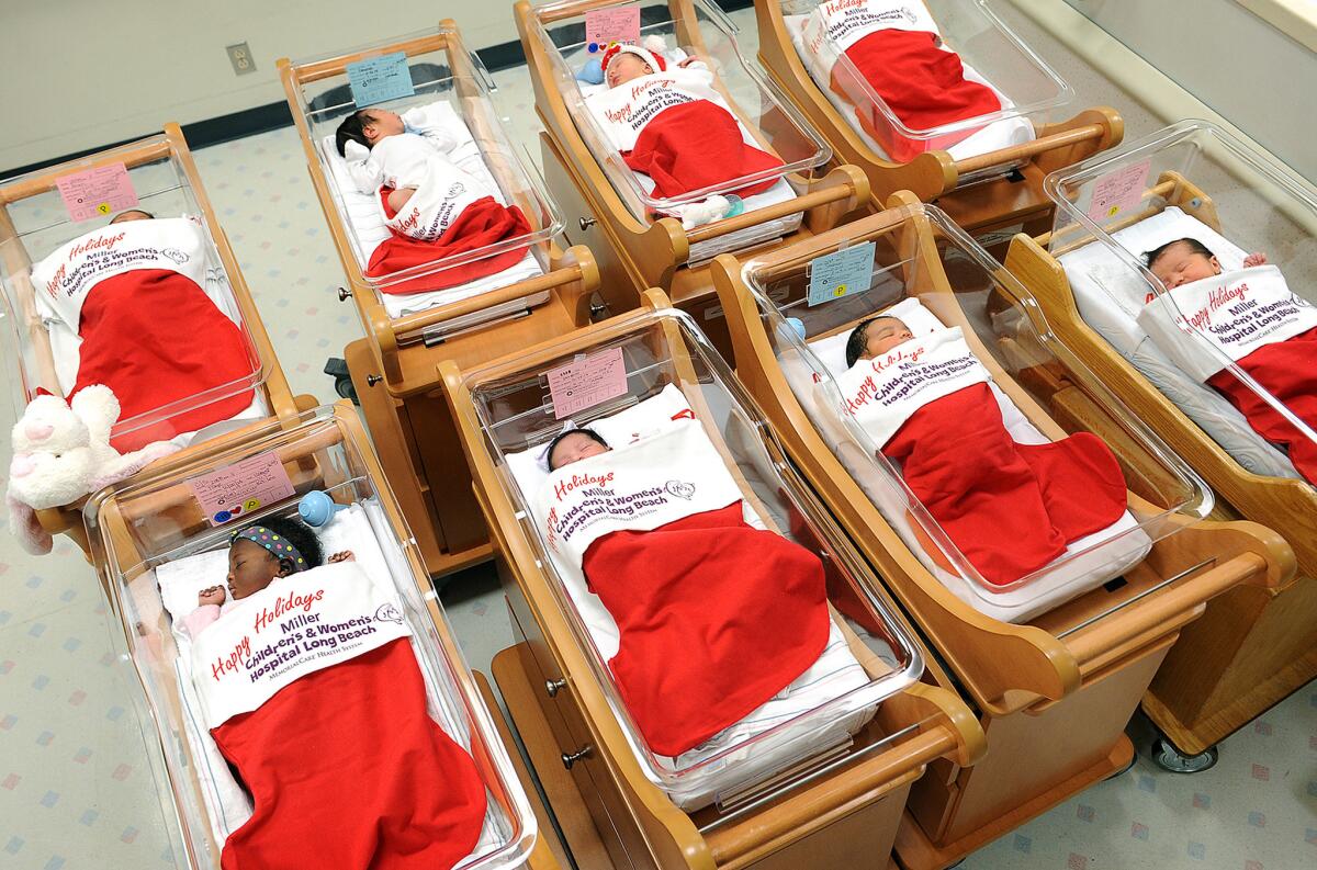 Newborns are wrapped in Christmas stockings last year at Miller Children's and Women's Hospital in Long Beach.