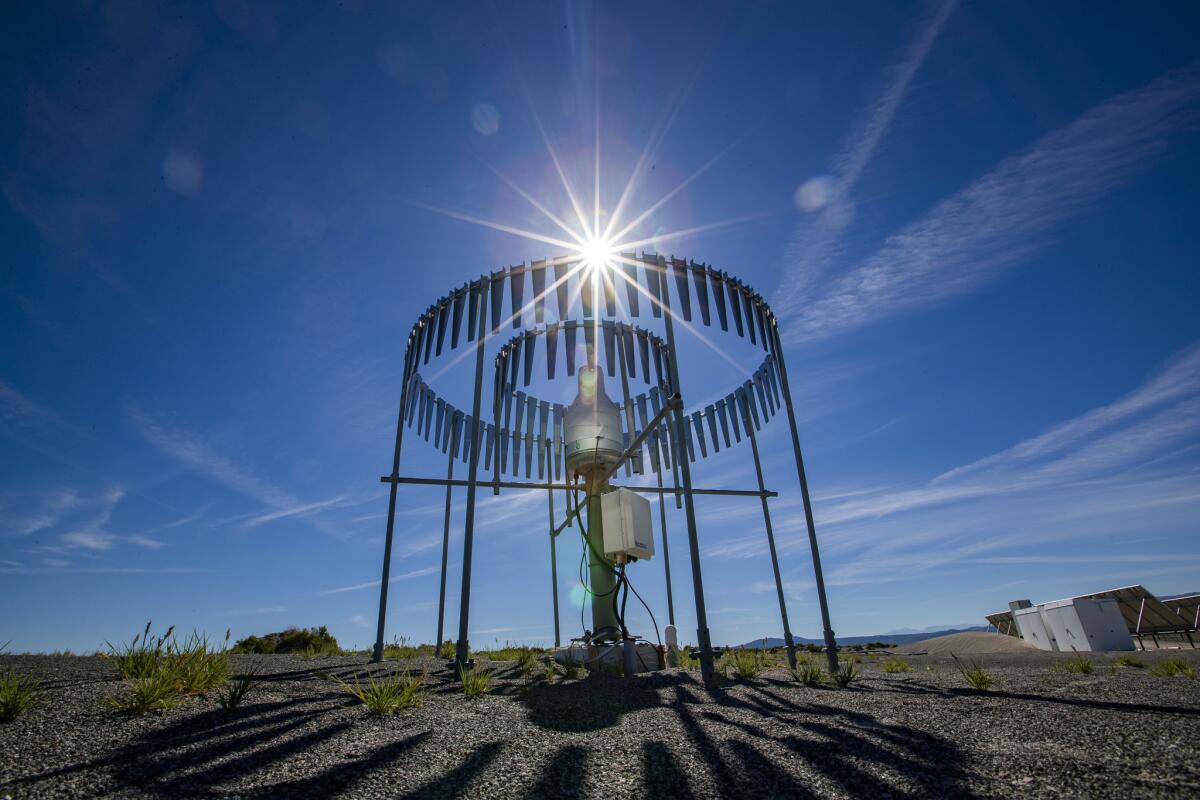 A precipitation gauge monitors conditions along a stretch of Mono Lake's shoreline prone to dust storms.