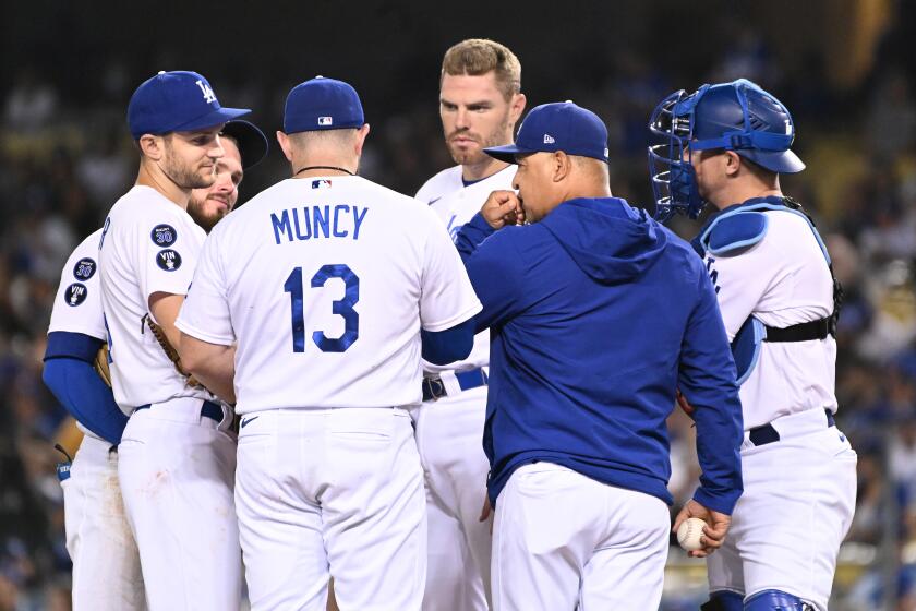 Los Angeles, California October 3 2022-Dodgers manager Dave Roberts during a recent game at Dodger Stadium Monday. (Wally Skalij/Los Angeles Times)