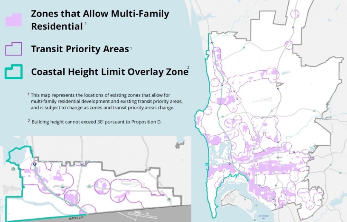 A map from the city of San Diego shows where the Complete Communities housing solutions program applies.