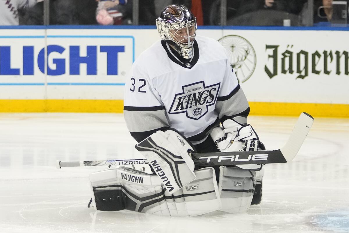 Los Angeles Kings goaltender Jonathan Quick (32) reacts after New York Rangers' Vincent Trocheck scored a goal during the second period of an NHL hockey game Sunday, Feb. 26, 2023, in New York. (AP Photo/Frank Franklin II)