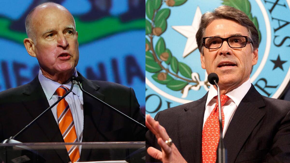 California Gov. Jerry Brown, left, recently launched the California Competes incentive program. Texas Gov. Rick Perry, right, has touted the Texas Enterprise Fund as a "job-creation machine."