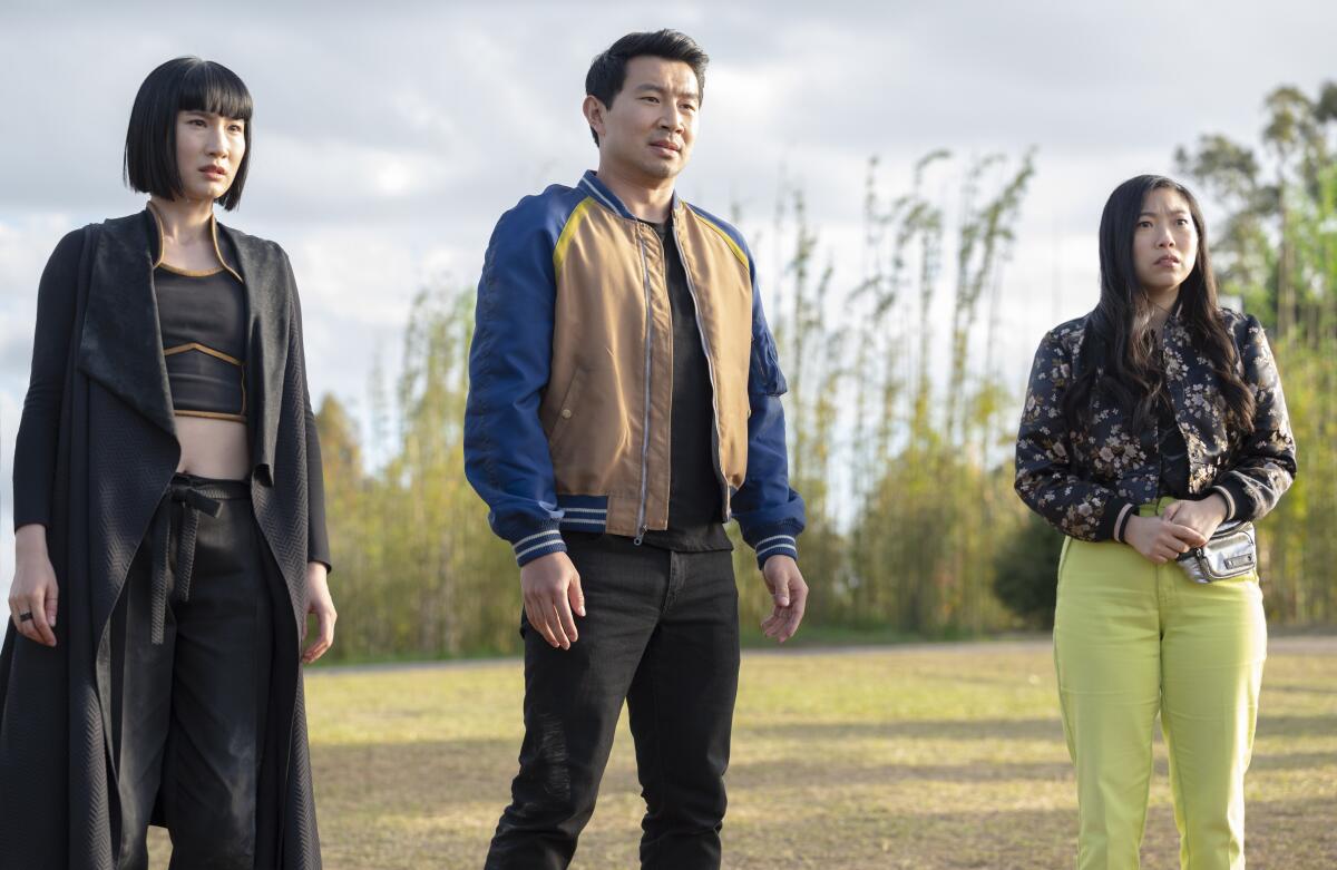 From left, Xialing (Meng'er Zhang), Shang-Chi (Simu Liu) and Katy (Awkwafina) in "Shang-Chi and the Legend of the Ten Rings."