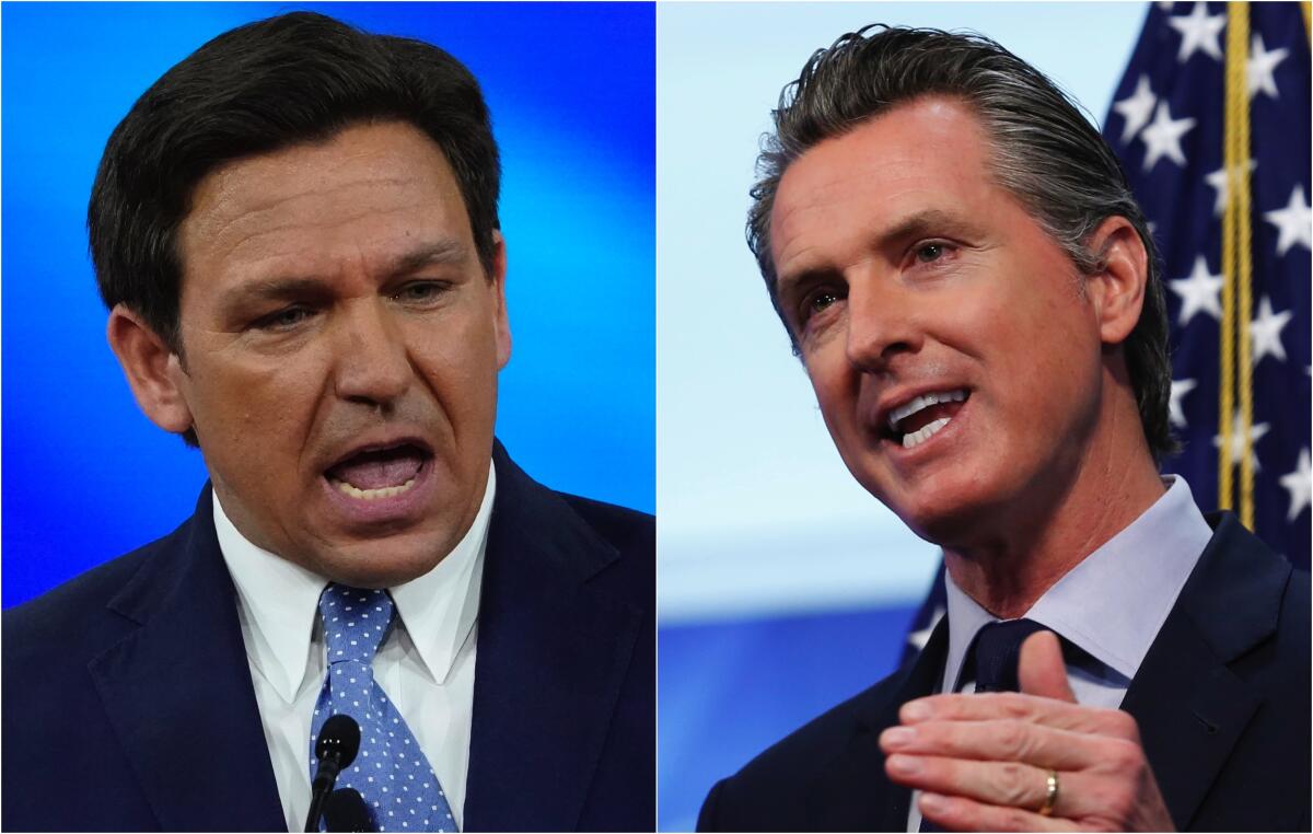 Side-by-side closeups of Govs. Ron DeSantis and Gavin Newsom speaking