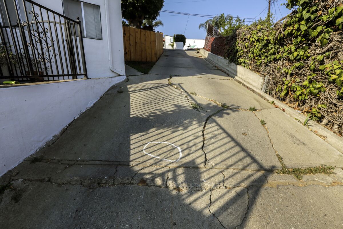 Police chased what they thought was a stolen car into this driveway at the end of a Boyle Heights cul-de-sac. At some point, the LAPD said, Officer Eden Medina shot Omar Gonzalez. Gonzalez, 36, died later at a hospital.