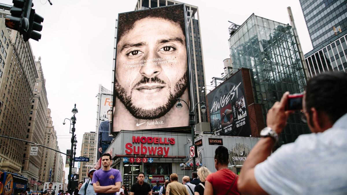 A new Nike ad campaign billboard featuring Colin Kaepernick can be seen in midtown Manhattan.