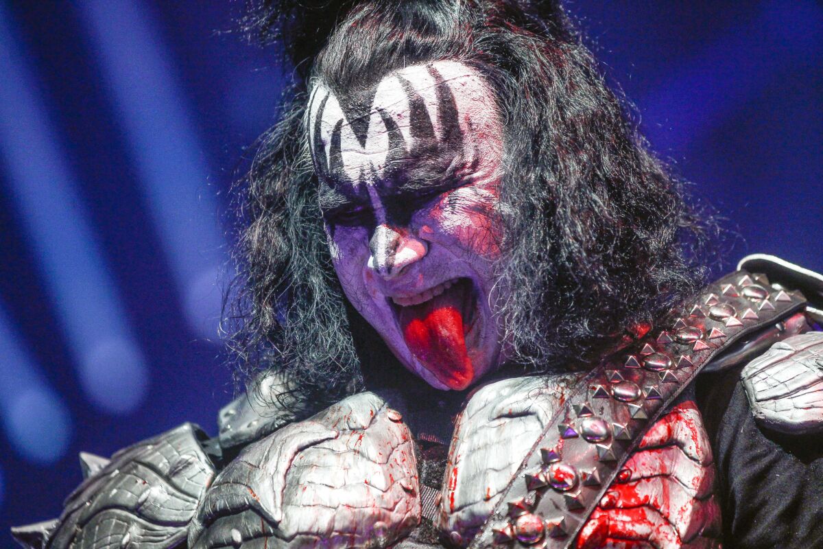 Kiss bass player Gene Simmons performs during the "End of the Road World Tour" farewell concert at the Viejas Arena in San Diego on Thursday.