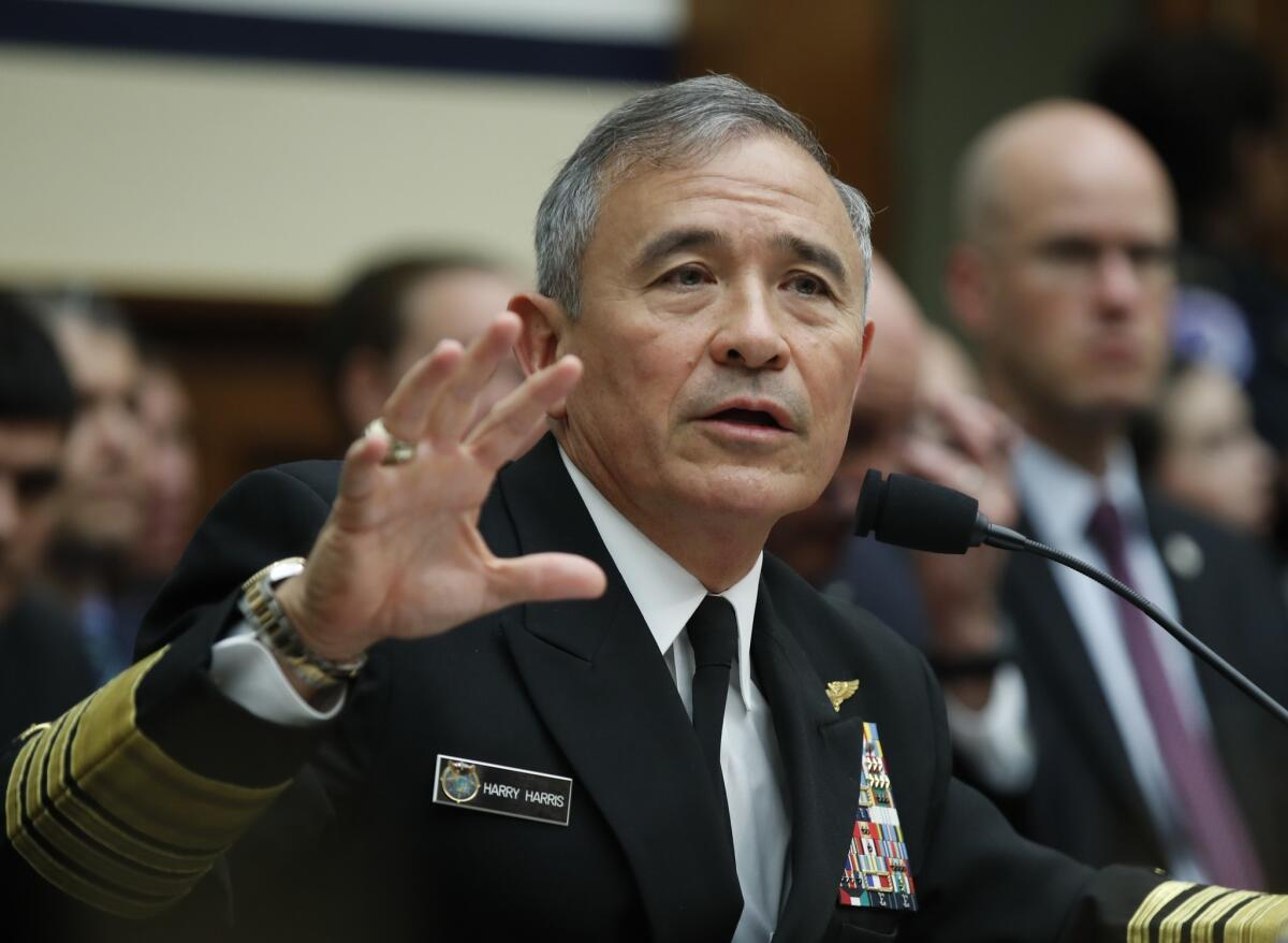 Adm. Harry Harris, head of the U.S. Pacific Command, testifies at a House Armed Services Committee hearing on North Korea on Wednesday.