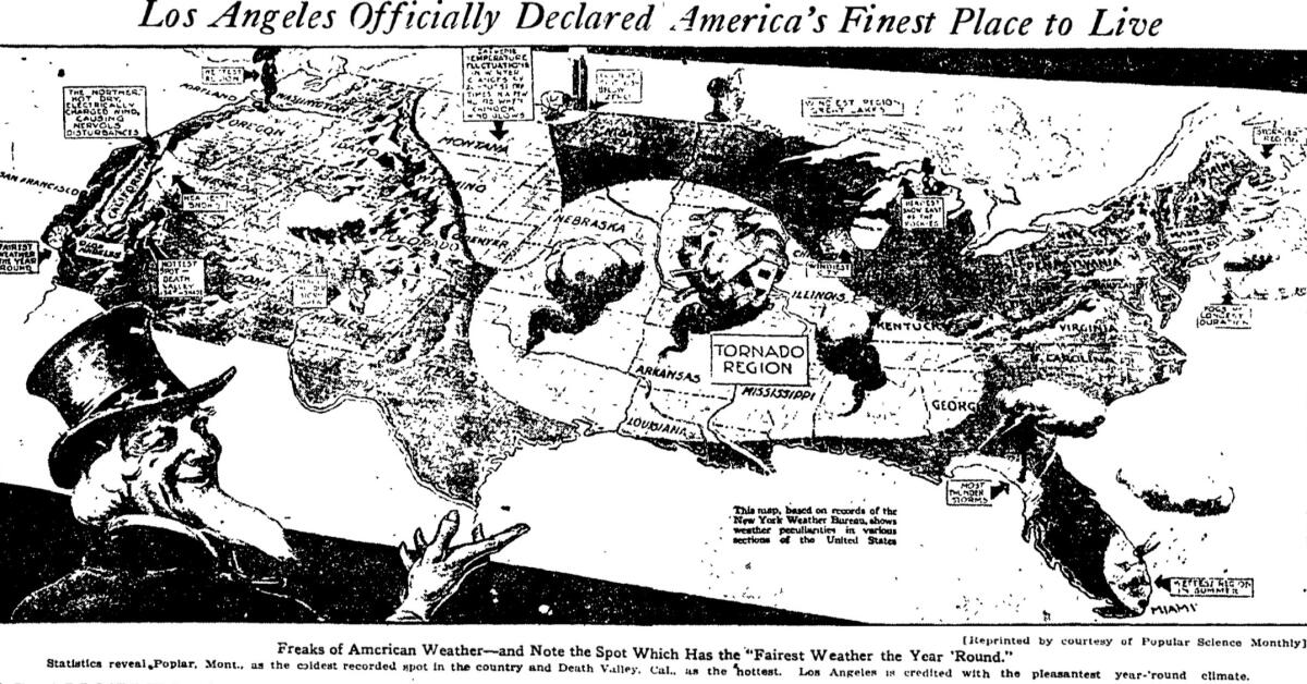 Illustration showing a man gesturing at a U.S. map with different weather on it.