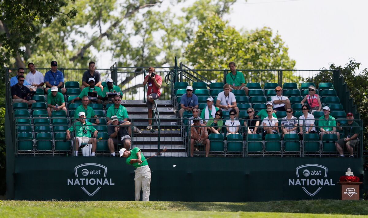 Tiger Woods tees off on the first tee during the third round of the AT&T National at Congressional Country Club on June 30, 2012 in Bethesda, Md.