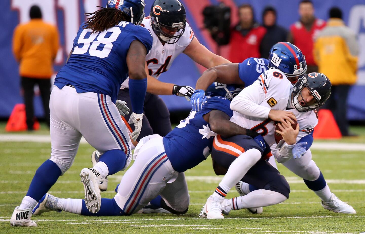 Jay Cutler is sacked in the fourth quarter against the Giants at MetLife Stadium on Nov. 20, 2016.