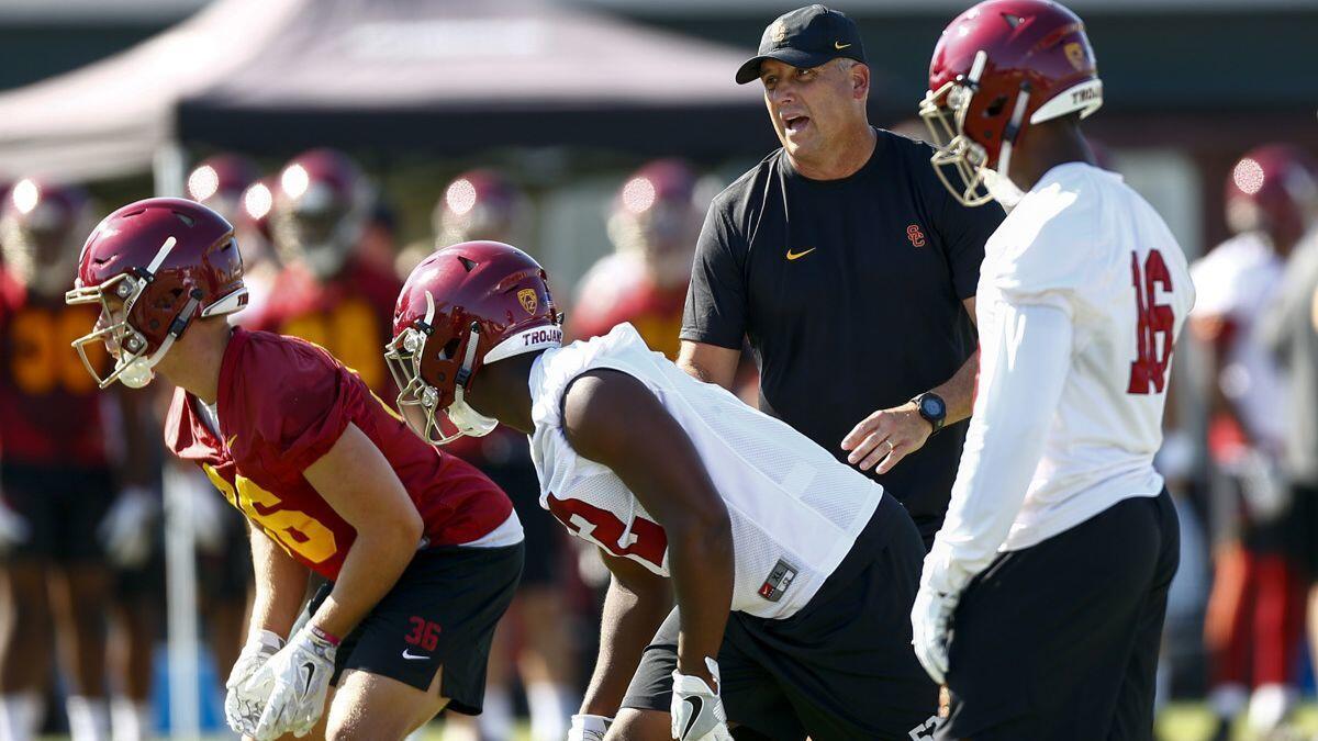 USC head coach Clay Helton, on the field, as the Trojans open up the first day of Fall Camp at USC on Aug. 3.