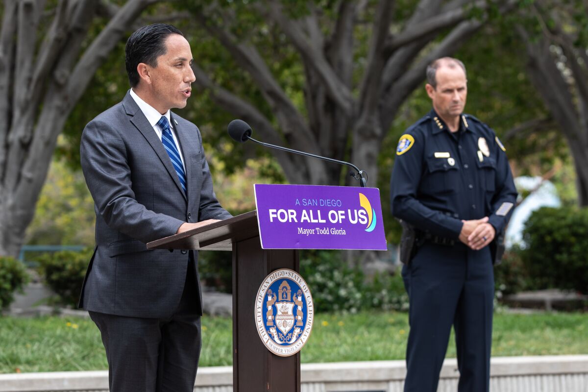 Joined by San Diego Police Chief David Nisleit, Mayor Todd Gloria speaks about a report on police practices last year.