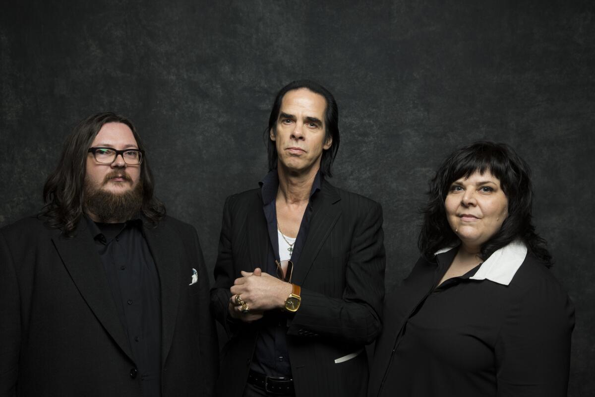 Director Iain Forsyth, left, musician Nick Cave and director Jane Pollard are at Sundance with their maybe-documentary "20,000 Days on Earth," about Cave during the time of the recording of his latest album, "Push the Sky Away."