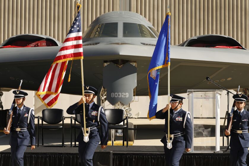 PALMDALE, CA - AUGUST 20, 2019 Northrop Grumman hosted a 30th anniversary commemoration of the first flight of the B-2 Spirit Stealth Bombers at its Palmdale facility Tuesday August 20, 2019. The B-2 plane, Spirit of Missouri on display is the first operational aircraft. The B-21 bomber is now taking shape in these same Palmdale facilities, 30 years after the B-2's first flight. (Al Seib / Los Angeles Times)