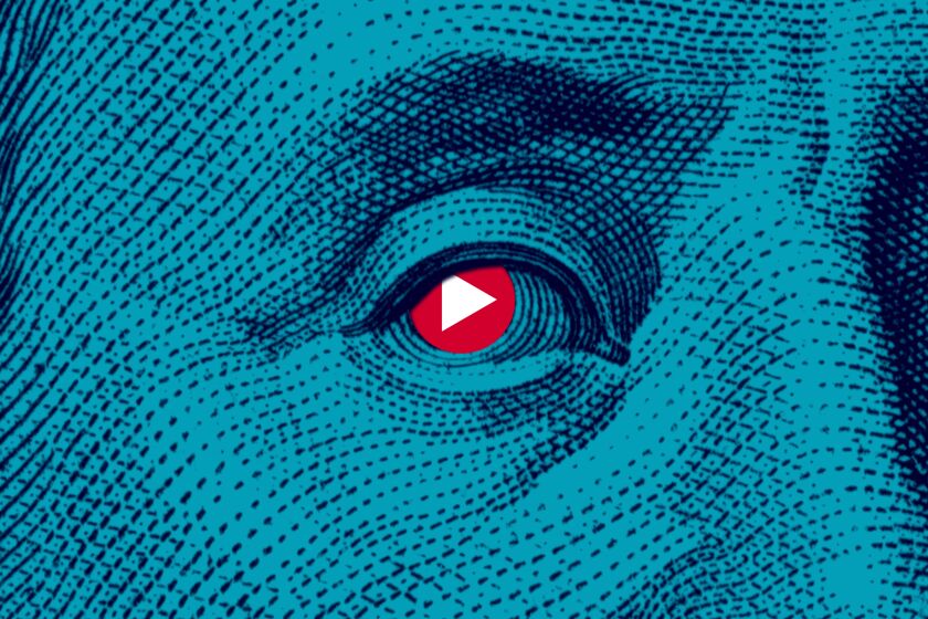 closeup of a hundred-dollar bill with a play button in Benjamin Franklin's eye