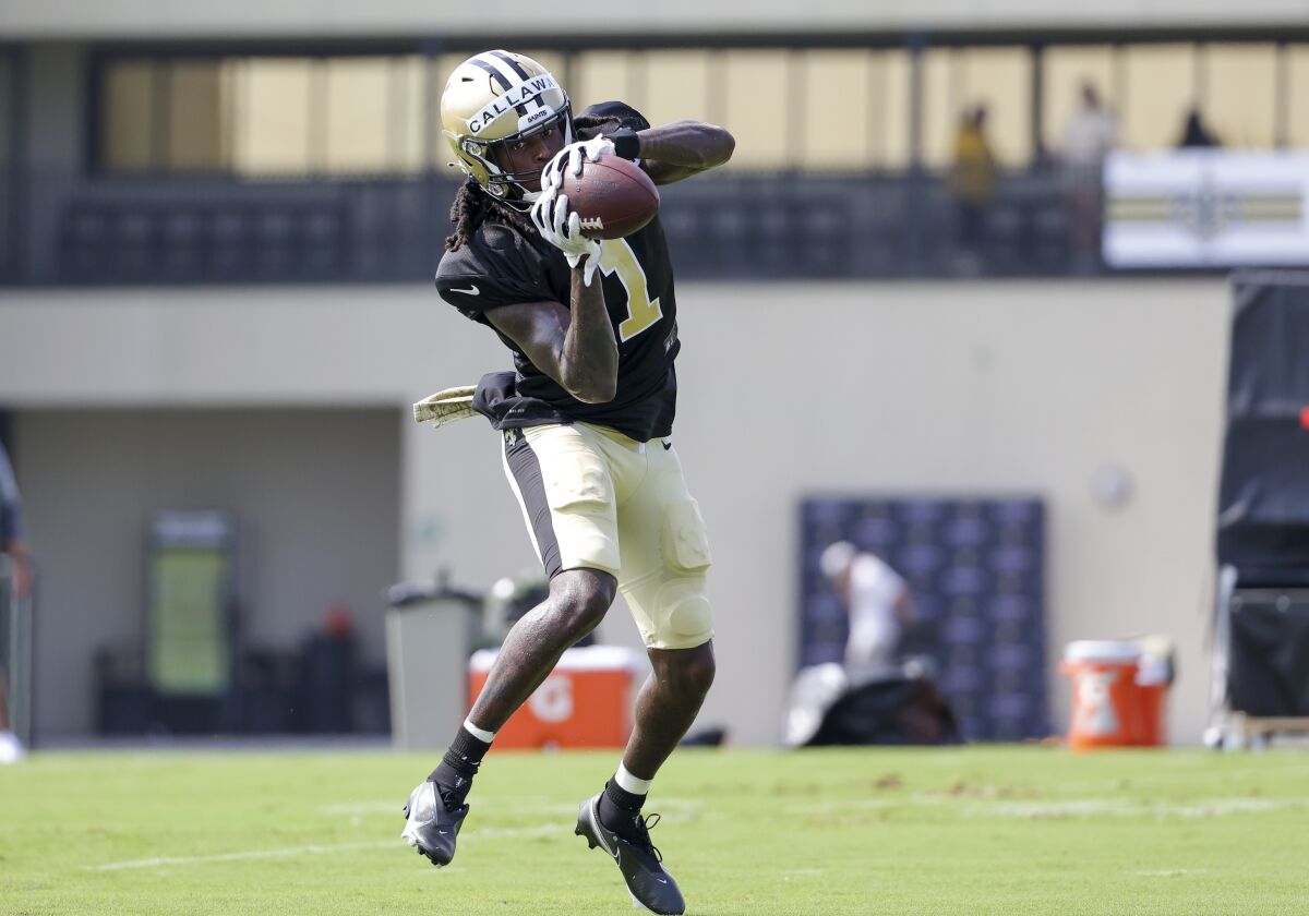 New Orleans Saints wide receiver Marquez Callaway (1) catches a pass during NFL football training camp in Metairie, La., Wednesday, Aug. 4, 2021. (AP Photo/Derick Hingle)
