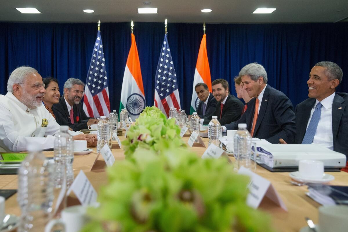 President Obama holds a bilateral meeting with Indian Prime Minister Narendra Modi, front left, at the United Nations headquarters in New York on Sept. 28, 2015.