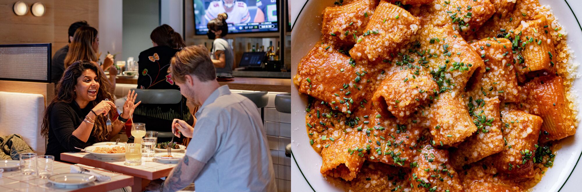 Left: People dine in a restaurant with a TV screen showing the night's in view. Right: A plate of malai rigatoni.