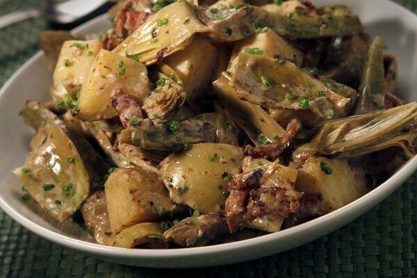 Artichoke, bacon and new potato stew