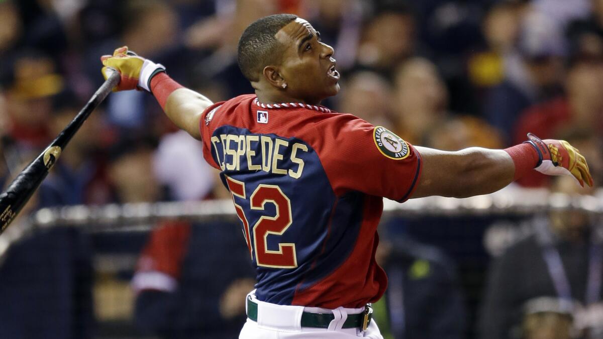 Oakland Athletics outfielder Yoenis Cespedes hits during the MLB All-Star home run derby at Target Field in Minneapolis on Monday.