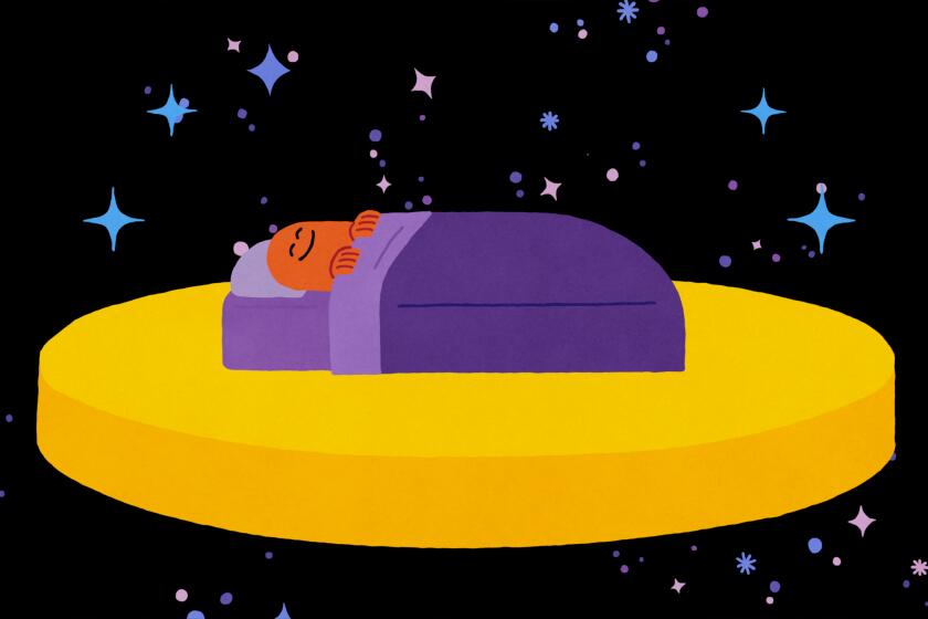 An illustration of a figure in bed floating in space