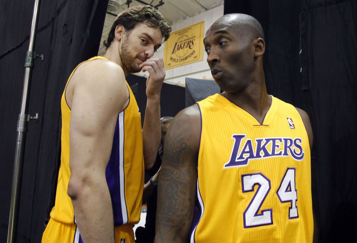 Former Lakers teammates Pau Gasol, left, and Kobe Bryant in 2013.