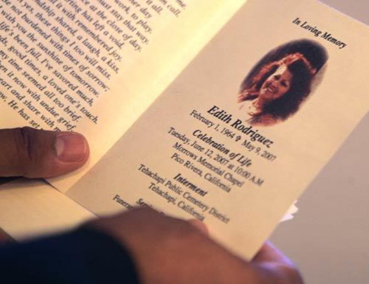 A funeral program shows Edith Isabel Rodriguez, who died last month on the floor of the emergency room lobby at Martin Luther King Jr.-Harbor Hospital despite pleas to 911 dispatchers from her boyfriend and a bystander.