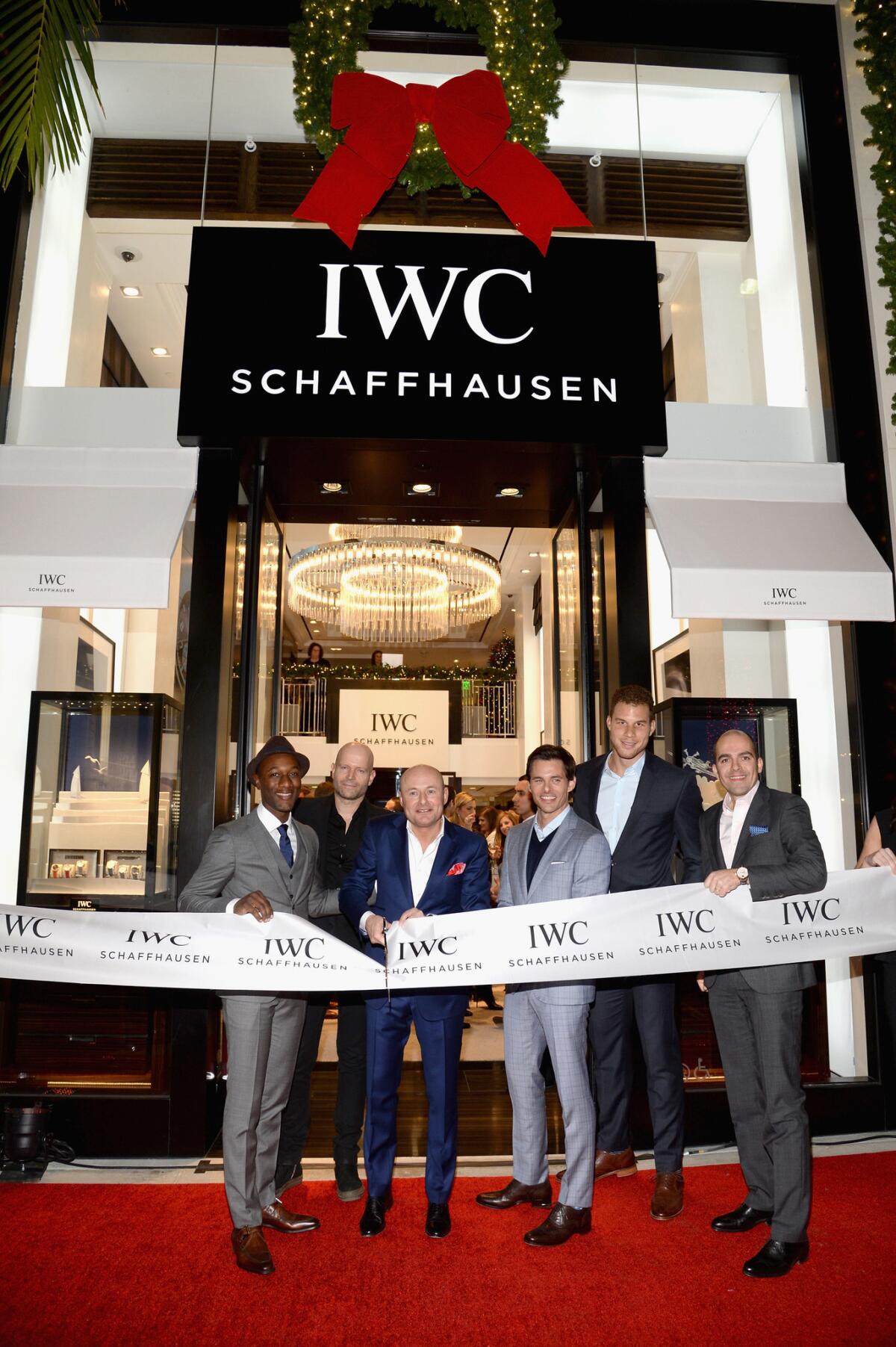 From left, recording artist Aloe Blacc, IWC Schaffhausen CEO Georges Kern, actor James Marsden, Clippers star Blake Griffin and brand president Edouard D'Arbaumont cut the ribbon at the IWC Schaffhausen Rodeo Drive flagship on Dec. 1, 2015.