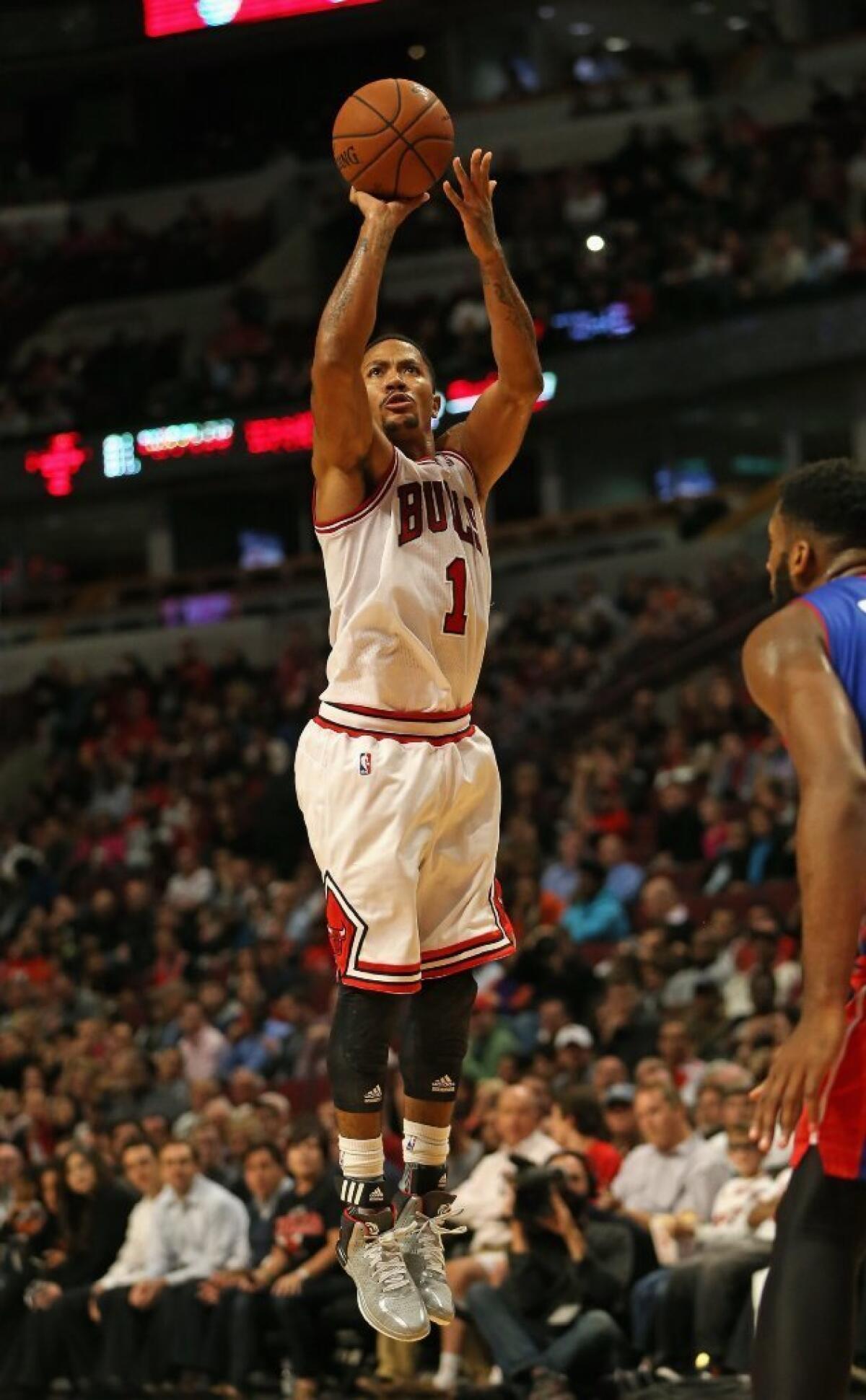 Derrick Rose says he can jump five inches higher than he could before knee surgery. Above, Rose shoots against the Detroit Pistons on Wednesday.