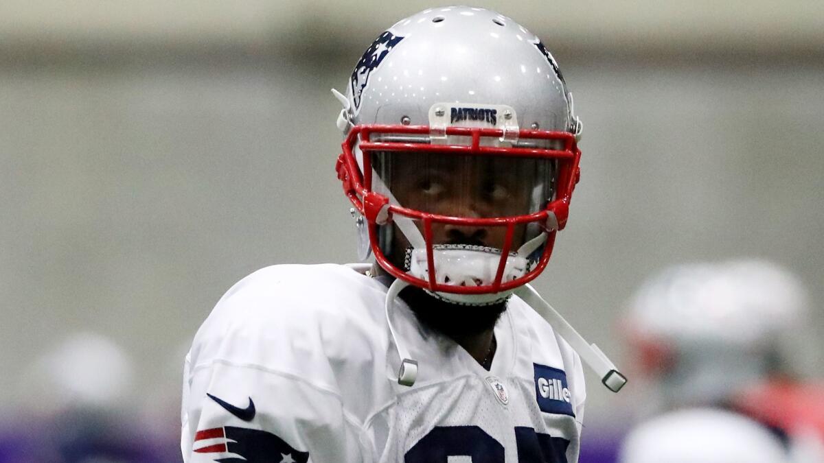 Kenny Britt looks on as the New England Patriots practice ahead of Super Bowl LII on Jan. 31.