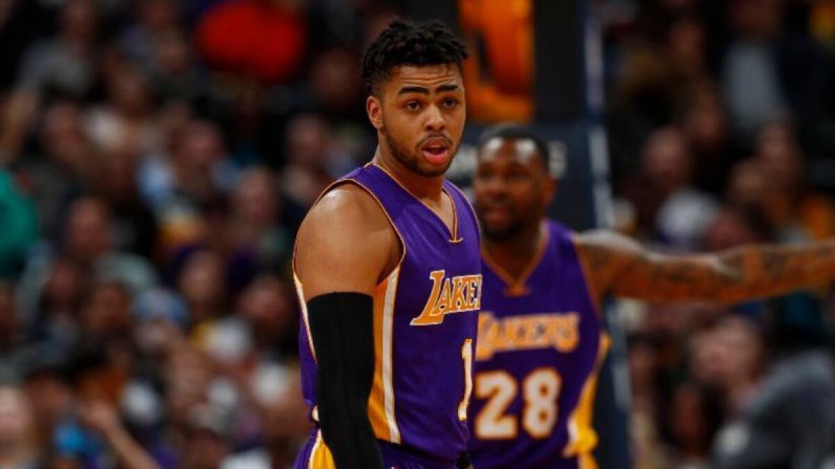 Lakers guard D'Angelo Russell (1) in the first half of a game in Denver on March 13.