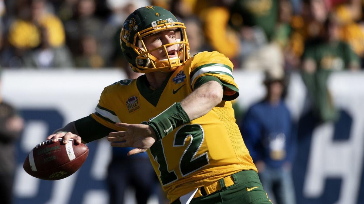 North Dakota State quarterback Easton Stick prepares to throw a 78-yard touchdown pass against Eastern Washington during the FCS championship game in January.