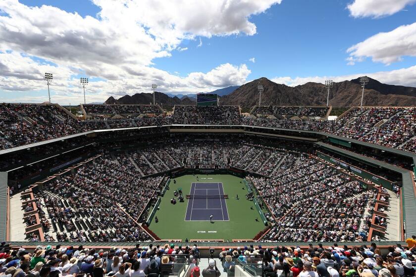 INDIAN WELLS, CA - MARCH 17: A general view of the full stands during the semifinal match between Roger Federer of Switzerland and Borna Coric of Croatia at BNP Paribas Open - Day 13 on March 17, 2018 in Indian Wells, California. (Photo by Joe Scarnici/Getty Images) ** OUTS - ELSENT, FPG, CM - OUTS * NM, PH, VA if sourced by CT, LA or MoD **