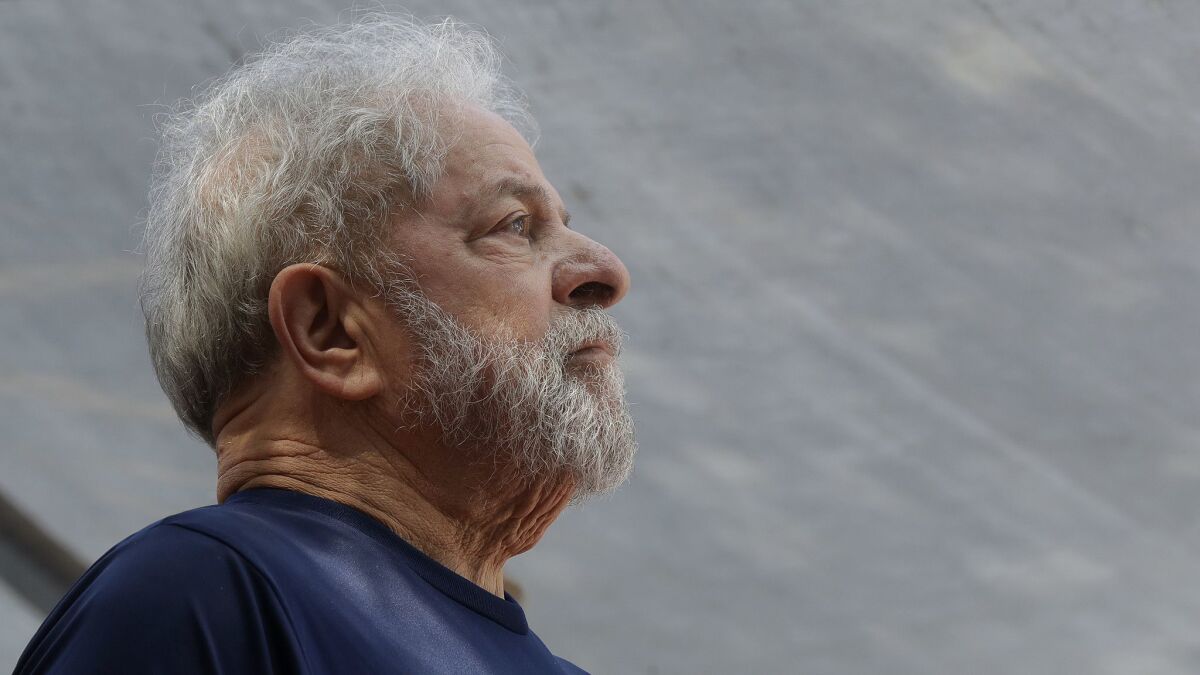Former Brazilian President Luiz Inacio Lula da Silva looks on before speaking to supporters in Sao Bernardo do Campo, Brazil, on April 7, 2018.