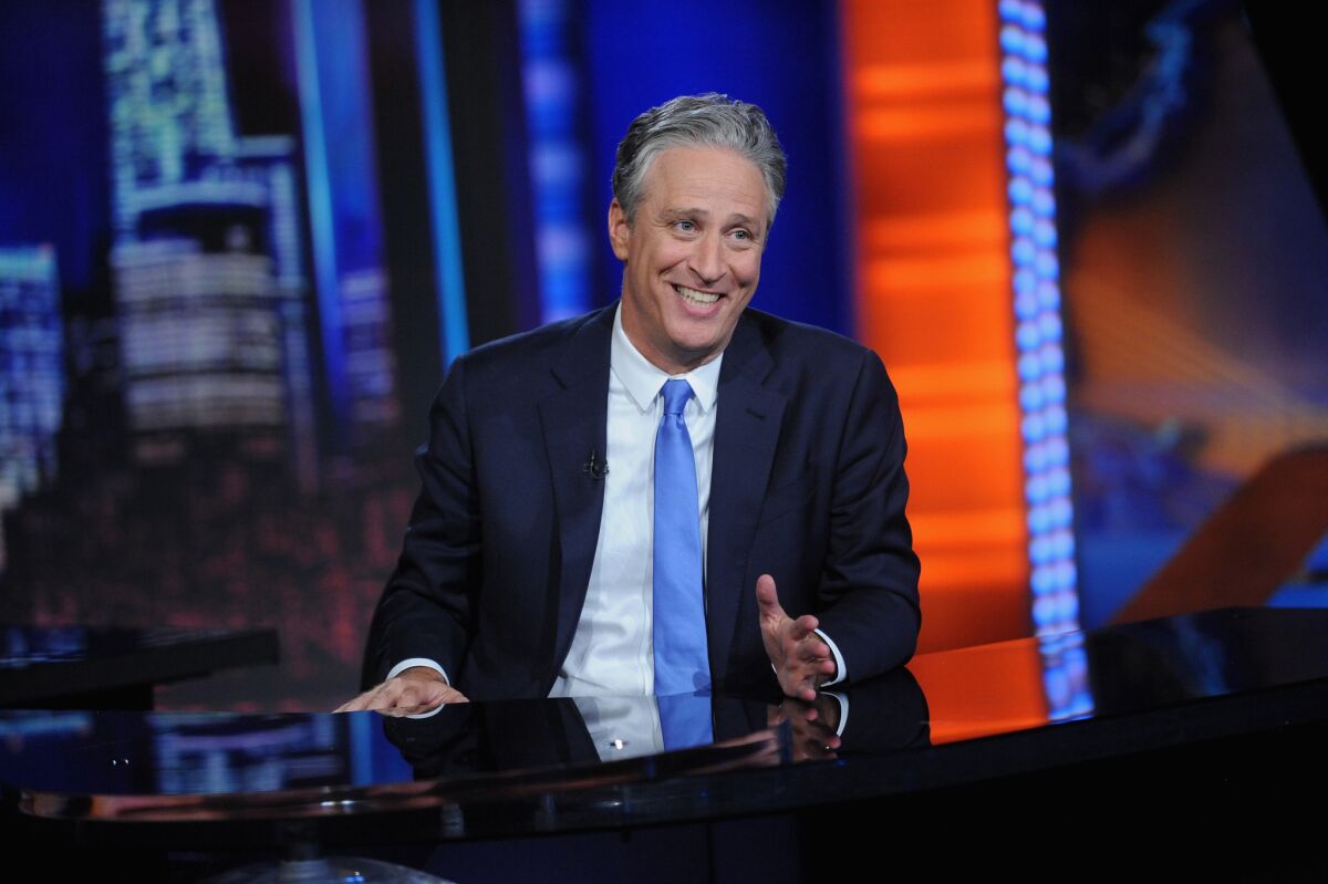 Jon Stewart during the taping of his final "Daily Show" on Aug. 6.