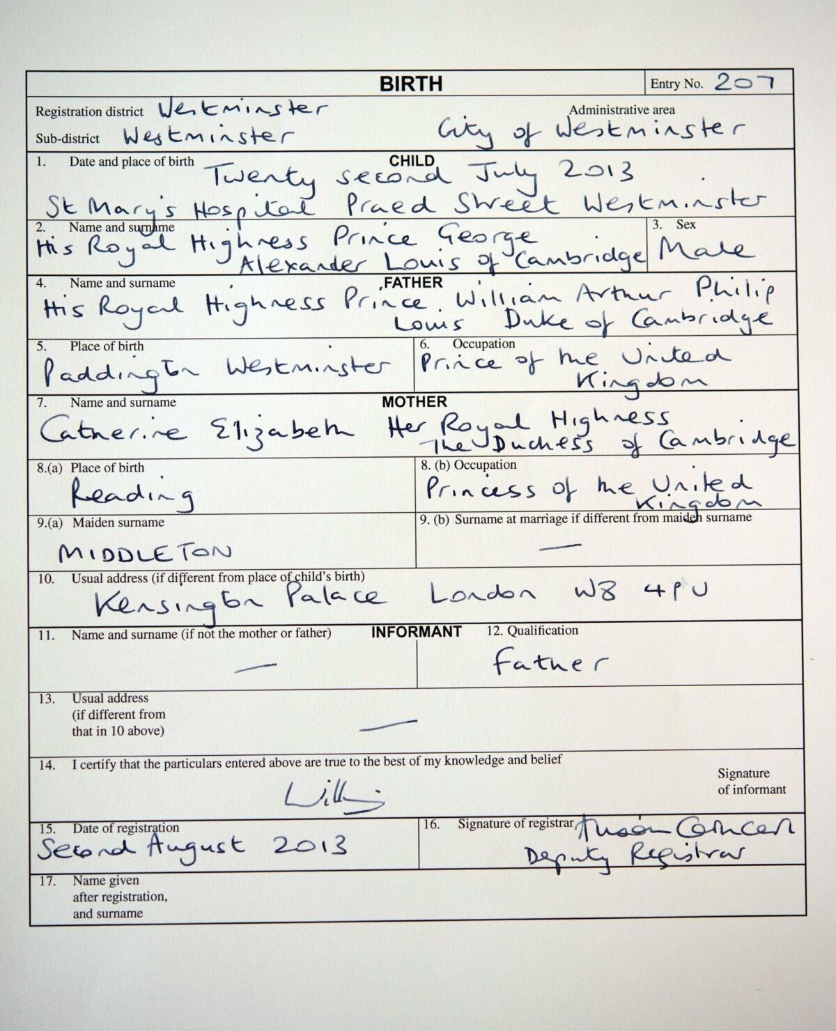 This picture shows the birth registration for Prince George of Cambridge, after the birth registration formalities were completed in London on August 2, 2013.