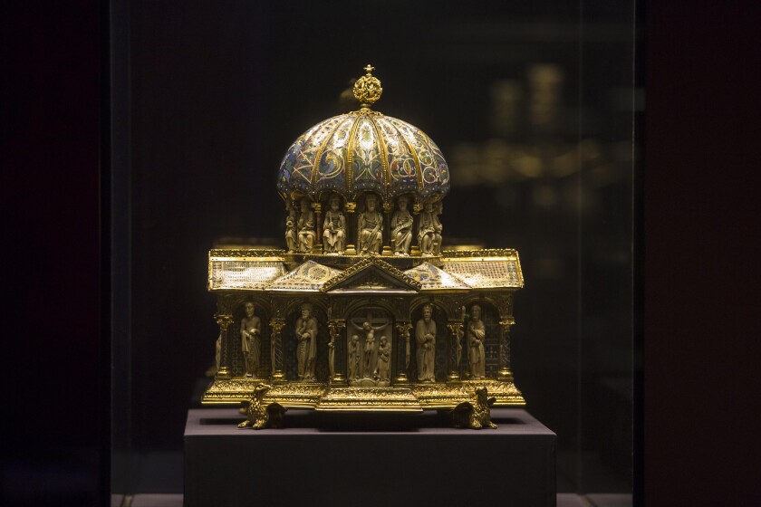 FILE - In this Jan. 9, 2014, file photo, the medieval Dome Reliquary (13th century) of the Welfenschatz, or Guelph Treasure, is displayed at the Bode Museum in Berlin. Ruling in a multi-million dollar dispute over a collection of medieval religious artworks, the Supreme Court made it harder Wednesday, Feb. 3, 2021, for certain lawsuits over property taken from Jews during the Nazi era to be brought in U.S. courts. The justices sided with Germany in a dispute involving the heirs of Jewish art dealers and the 1935 sale of a collection of Christian artwork called the Guelph Treasure. ( AP Photo/Markus Schreiber)