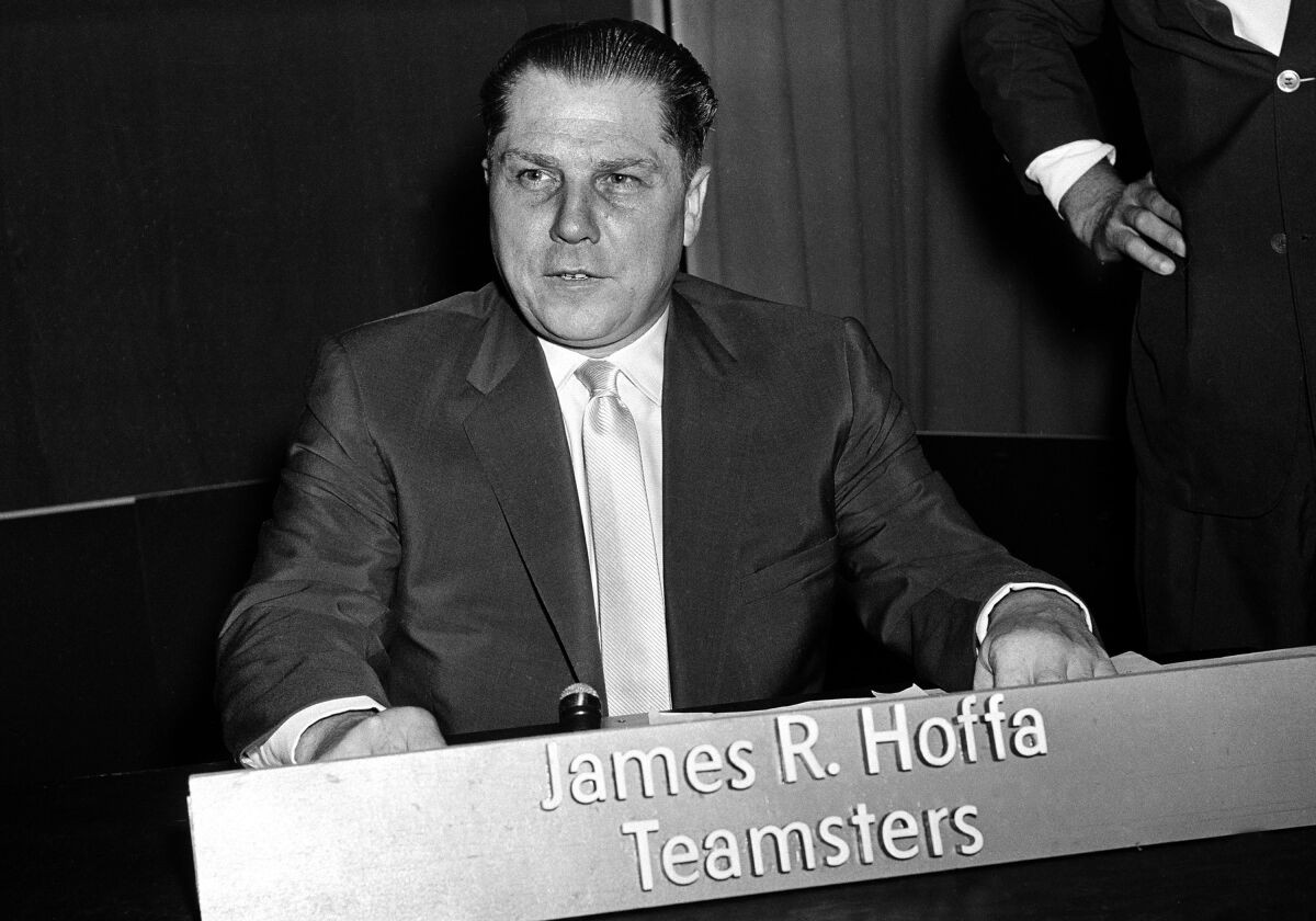 FILE - Teamsters Union president Jimmy Hoffa is seen in Washington on July 26, 1959. The FBI found no evidence of the missing boss Jimmy Hoffa during a search of land under a New Jersey bridge, a spokeswoman said Thursday, July 21, 2022. The decades-long mystery turned last year to land next to a former landfill under the Pulaski Skyway in Jersey City. (AP Photo, File)