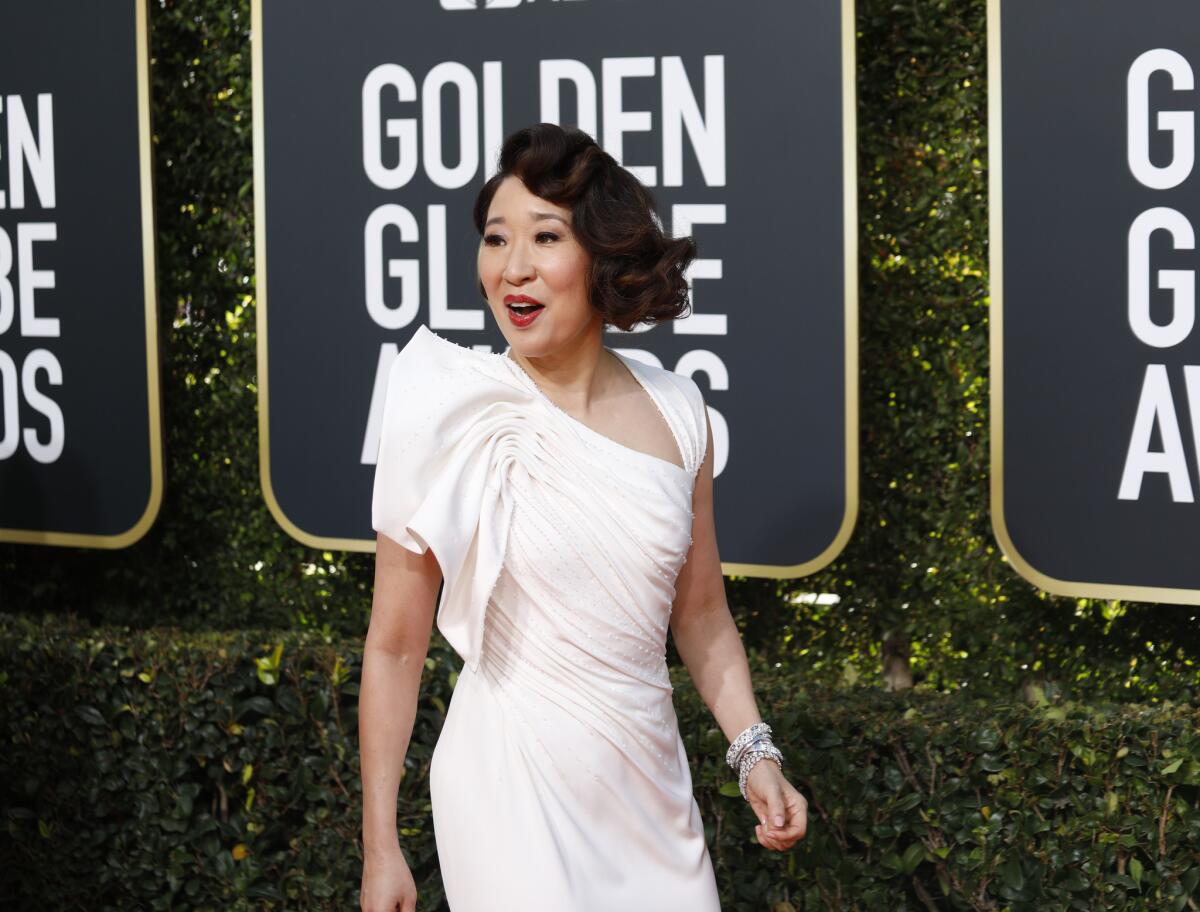 Sandra Oh at the 76th Golden Globes. The Golden Globe winner — she also was the co-host of the awards show — changed outfits and hairstyles throughout the night.