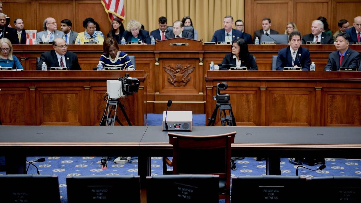 Chairman Jerry Nadler speaks as Atty. Gen. William Barr fails to attend a hearing before the House Judiciary Committee in Washington on May 2.