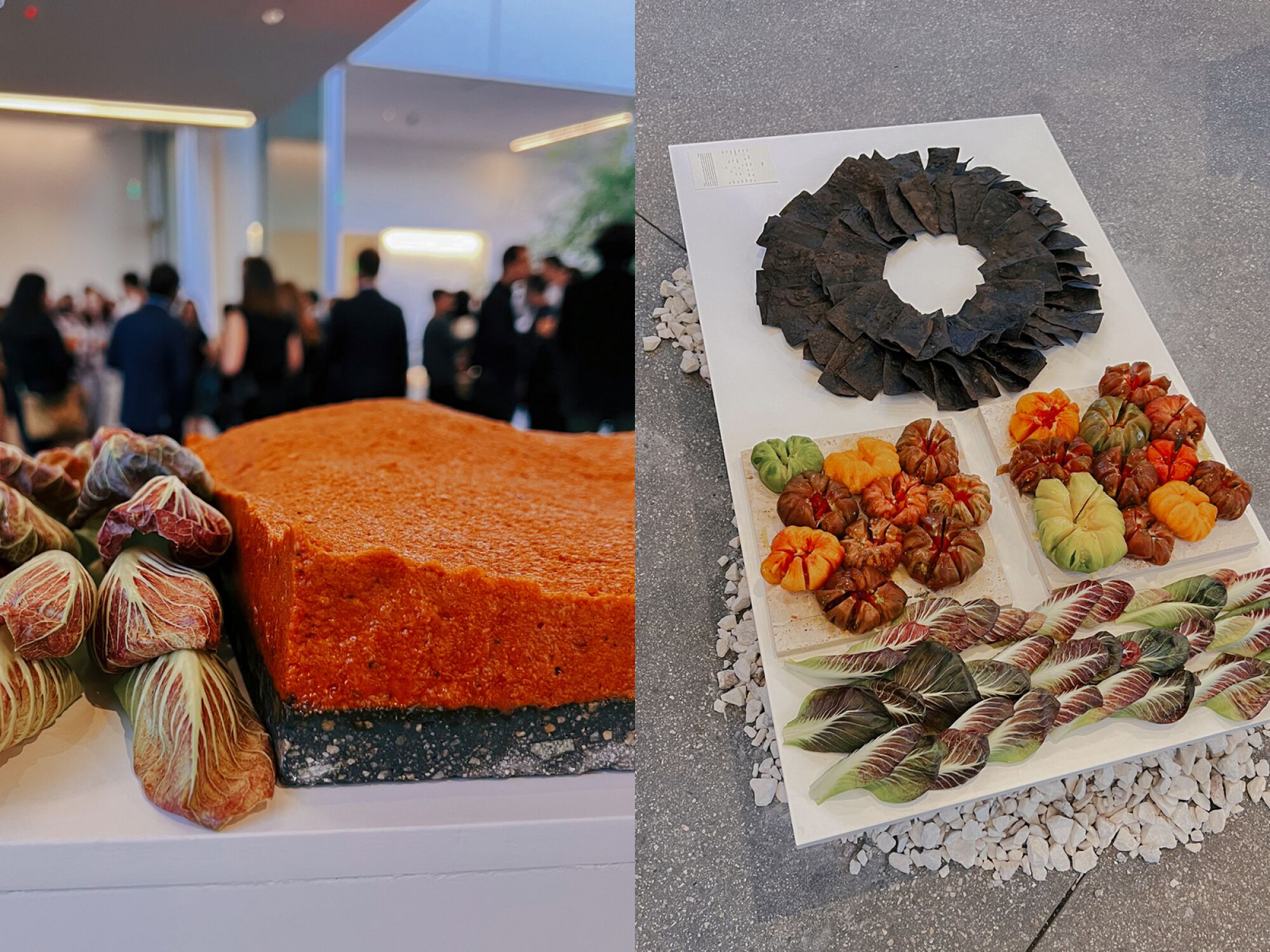 Side-by-side images of sobrasada and charcoal corn crackers and heirloom tomatoes in a museum-style display.