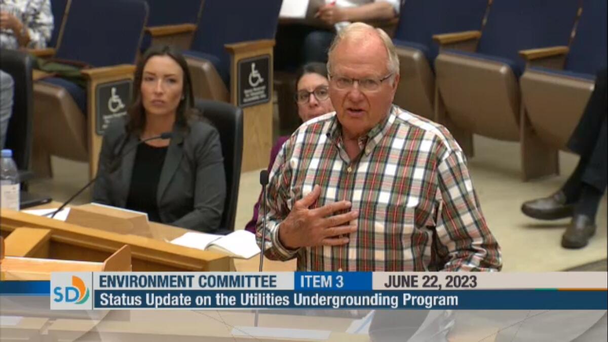 La Jolla resident Russ Ries speaks to the San Diego City Council's Environment Committee.