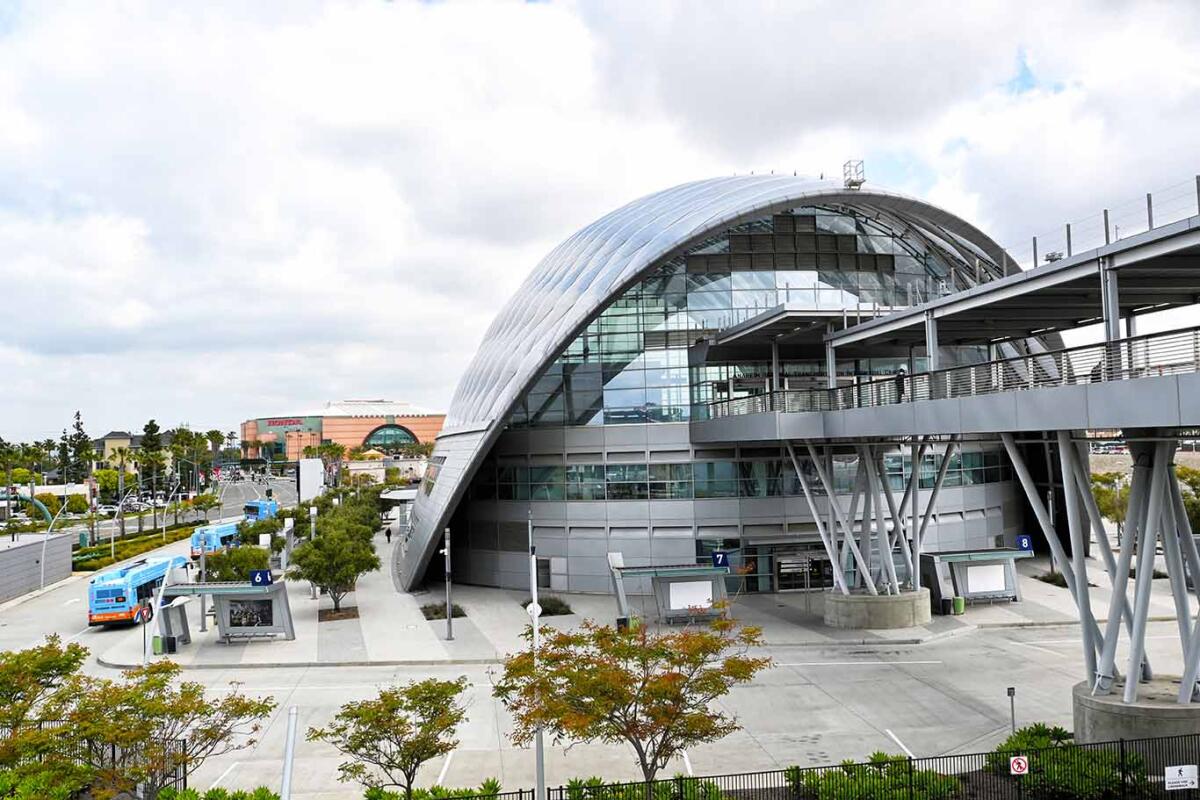 Anaheim Regional Transportation Intermodal Center, ARTIC, with the Honda Center in the background